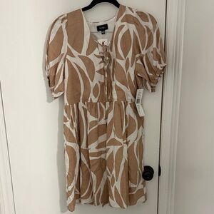MSK Tan & White Abstract Tie-Front Mini Dress